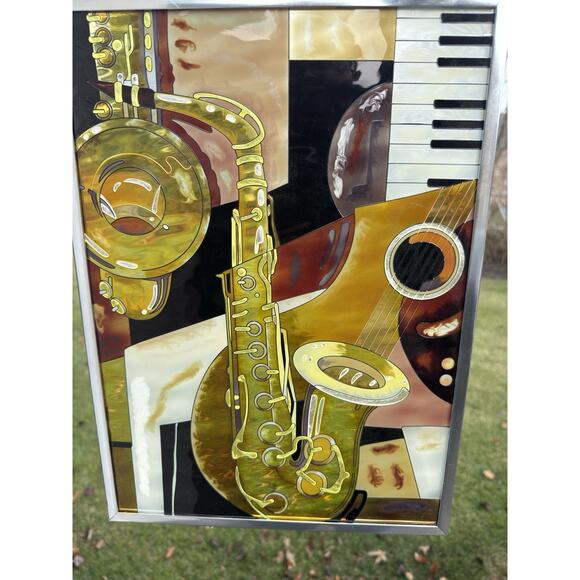 Paul Brent Hand Painted Glass Saxophone Music Sun Catcher Framed 16x11.5” - Picture 3 of 6